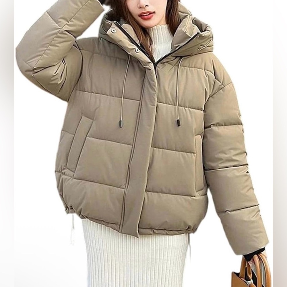 Women's Hooded Puffer Jacket with Drawstrings and Pockets, Khaki/Beige